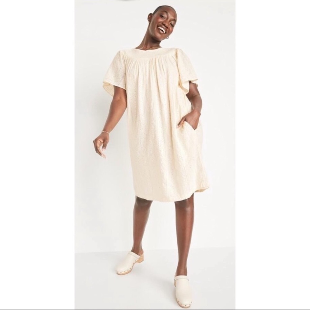 Flutter-Sleeve Smocked Embroidered Mini Shift Dress for Women